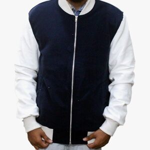 Ansel Elgort Navy and White Varsity Fleece Bomber Jacket Medium
